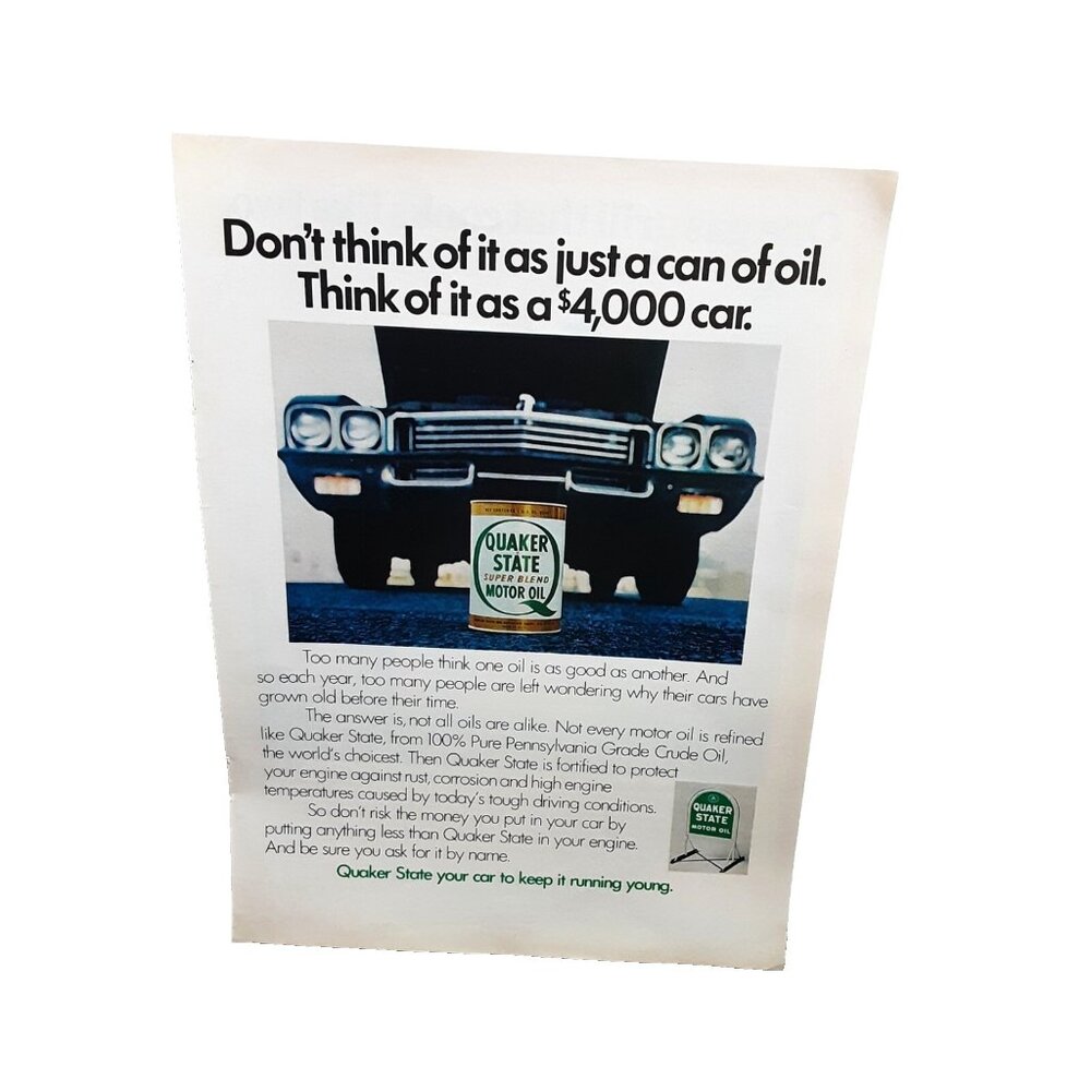 1973 Quaker State Motor Oil Keep It Running Young Original Print Ad